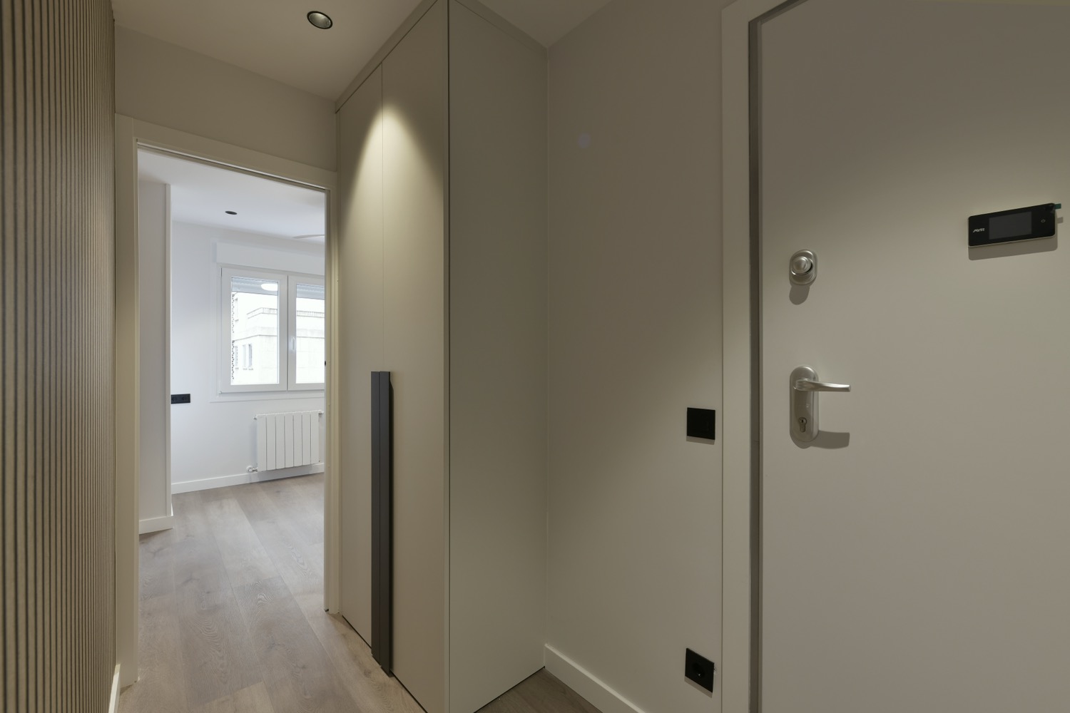 A bathroom interior with a shower